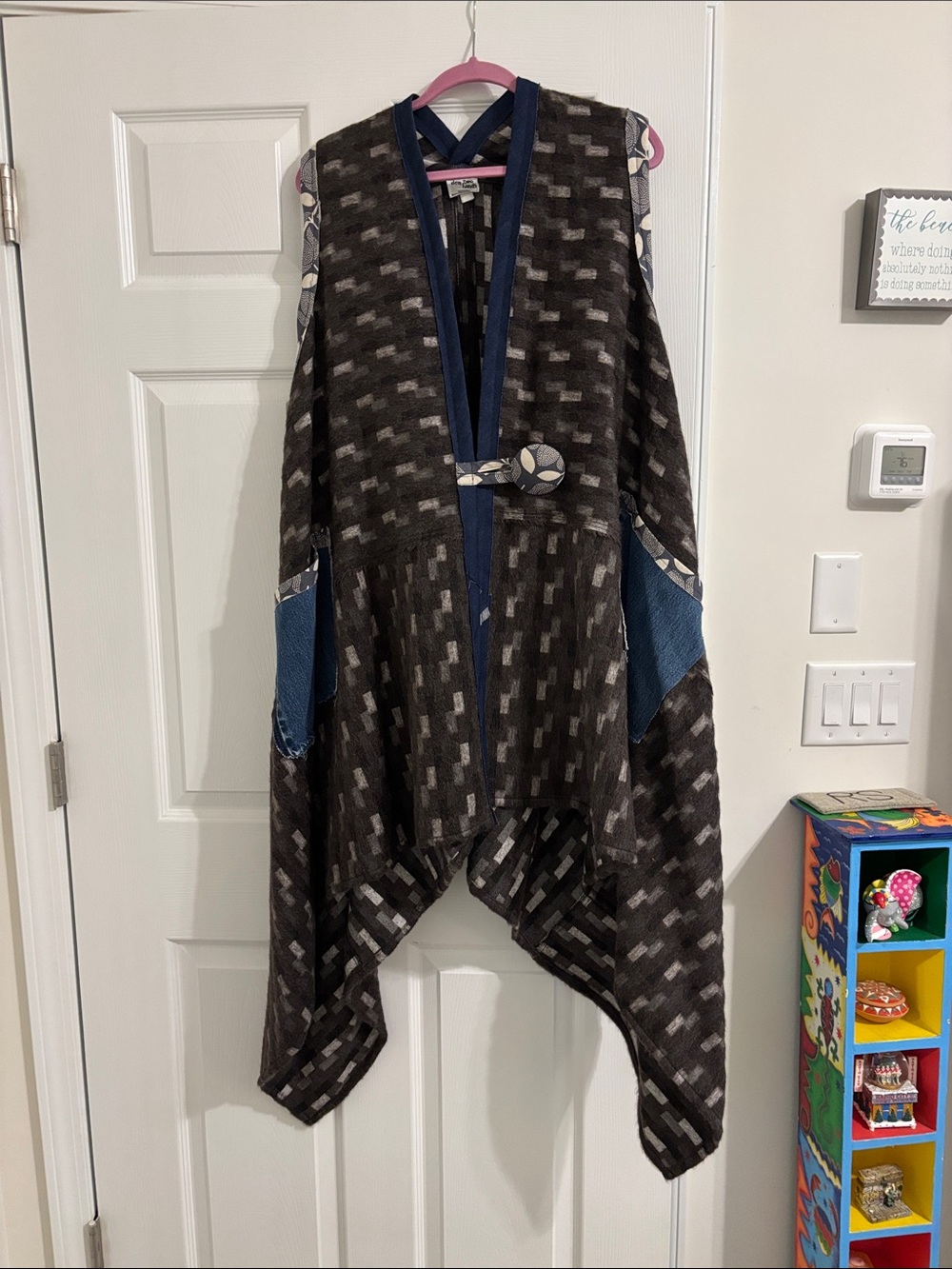 Asymmetrical Draped Vest with Blue Trim